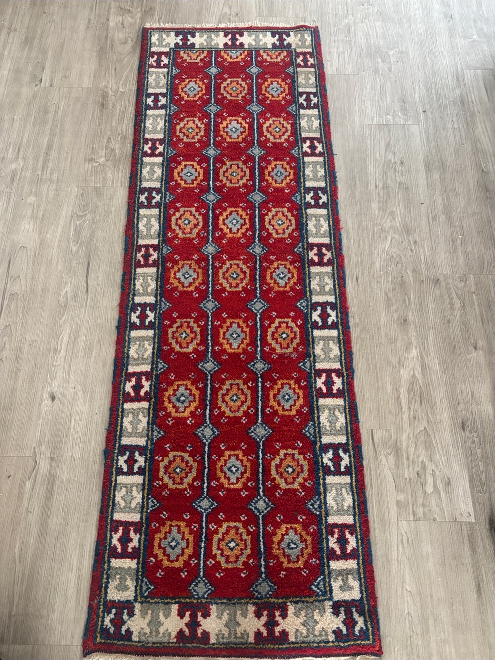 Red Persian-style geometric Runner Rug with Multicolor accents
